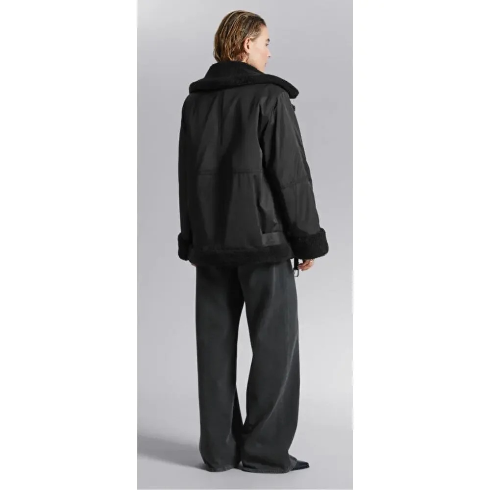 & Other Stories Stockholm Aviator Jacket Womens Large Black New Faux Shearling - Picture 3 of 16